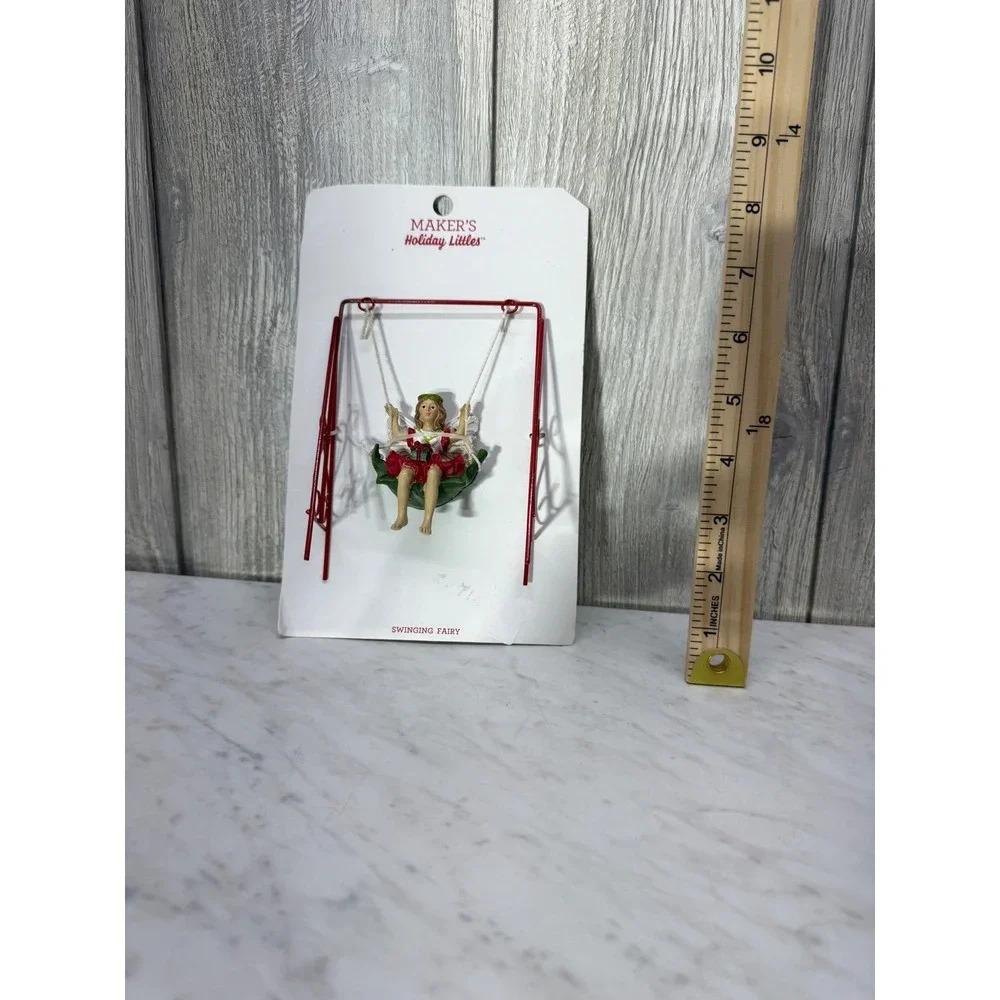 Makers Holiday Littles Swinging Fairy Miniature Figurine Red White Green 1550